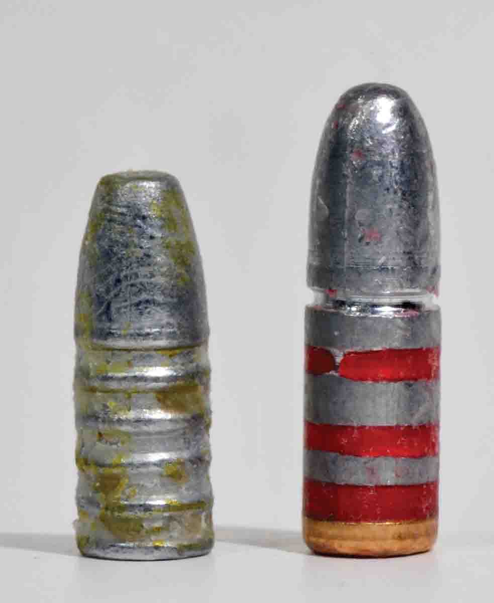 The two bullets most readily available are from Lyman moulds 287221 (left) and 287346. Mould 287221 was  available in bullet weights ranging from 90 to 180 grains. It was designed by Charles H. Herrick, who also designed the .28-30 cartridge for Stevens.